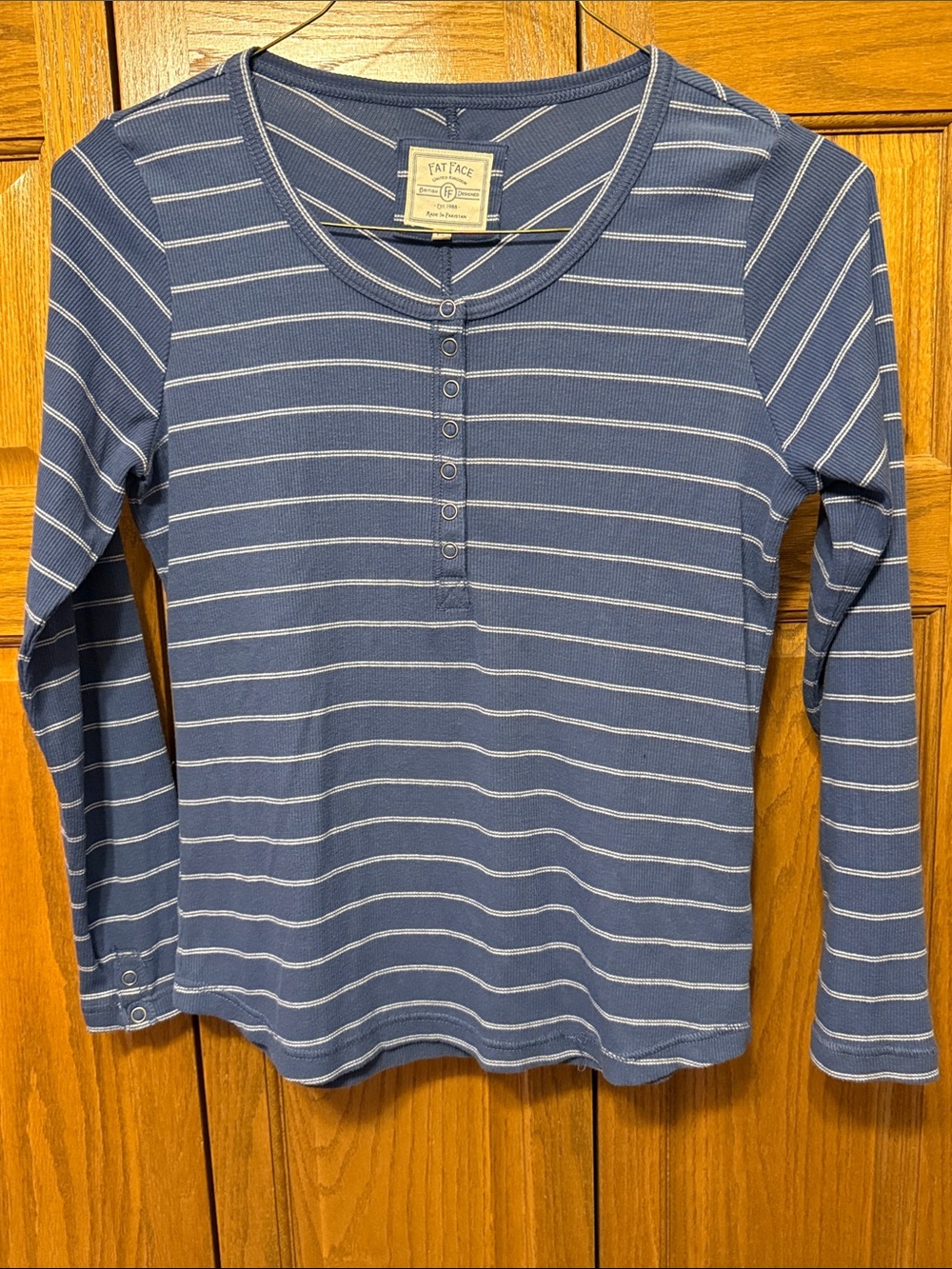 Fat Face Blue and White Striped Henley Long Sleeve Top-Size:10